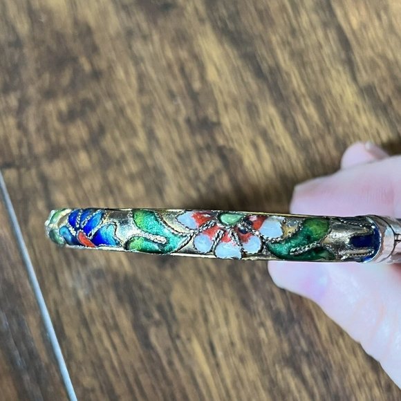 Vintage Cloisonné Blue Gold Floral Motif Enamel Hinged Bangle Bracelet - Picture 2 of 16